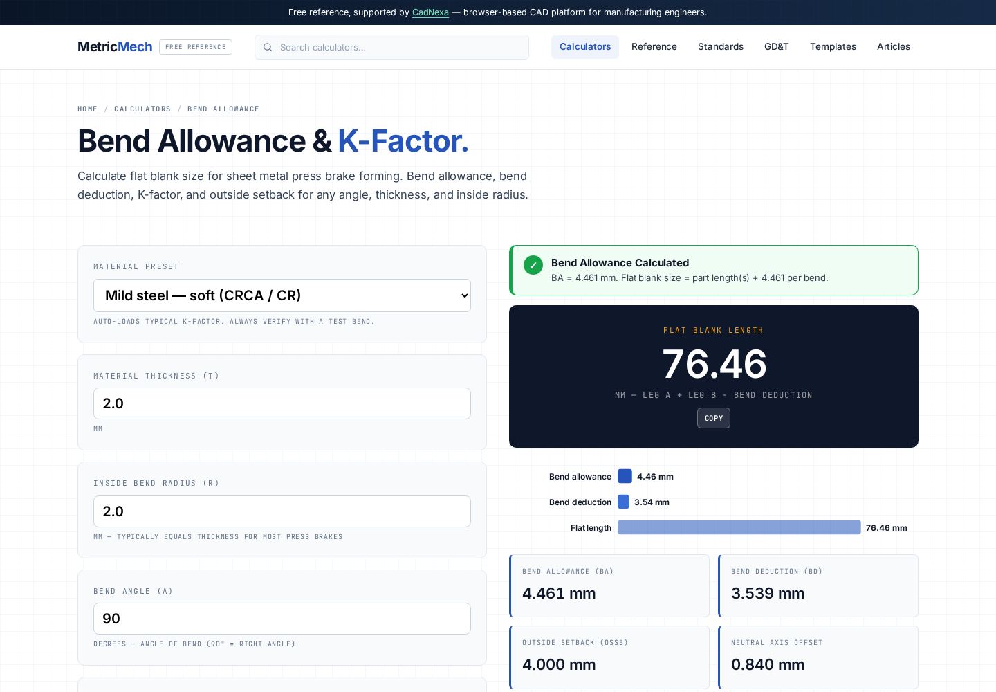 Bend allowance calculator with K-factor input showing developed flat length for a sheet metal bend