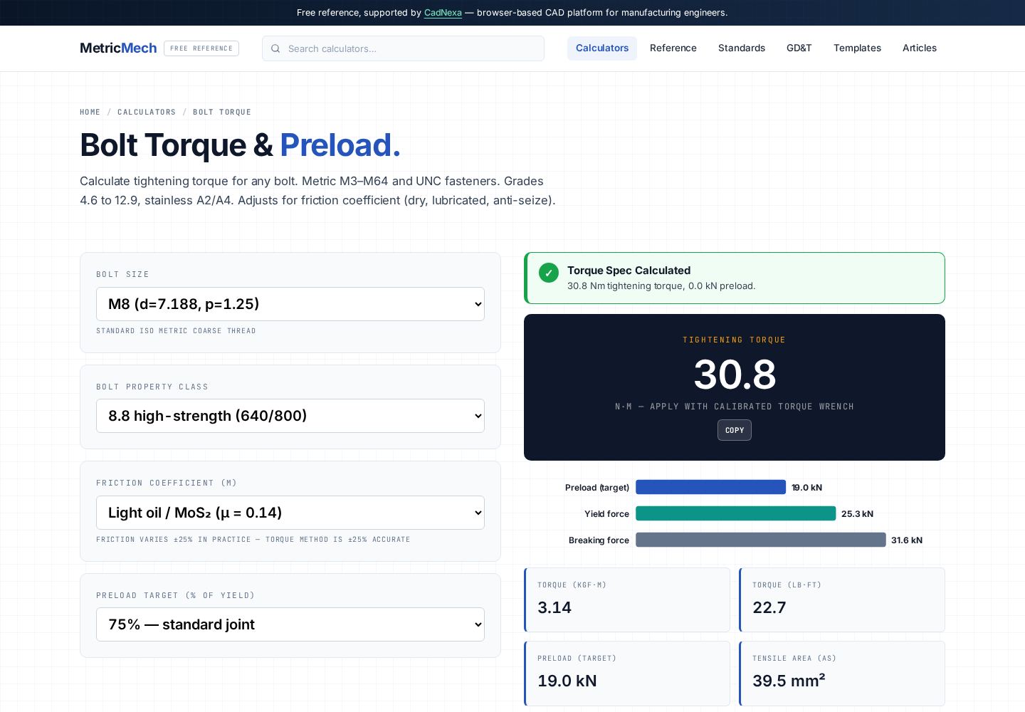 Bolt torque calculator showing tightening torque and preload for an M8 grade 8.8 bolt with light oil lubrication
