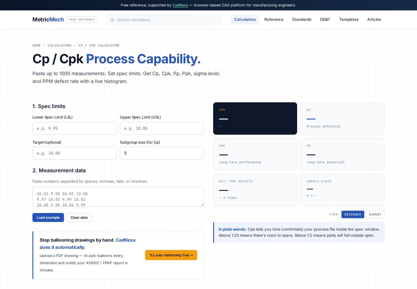 Cp and Cpk process capability calculator showing capability indices against specification limits